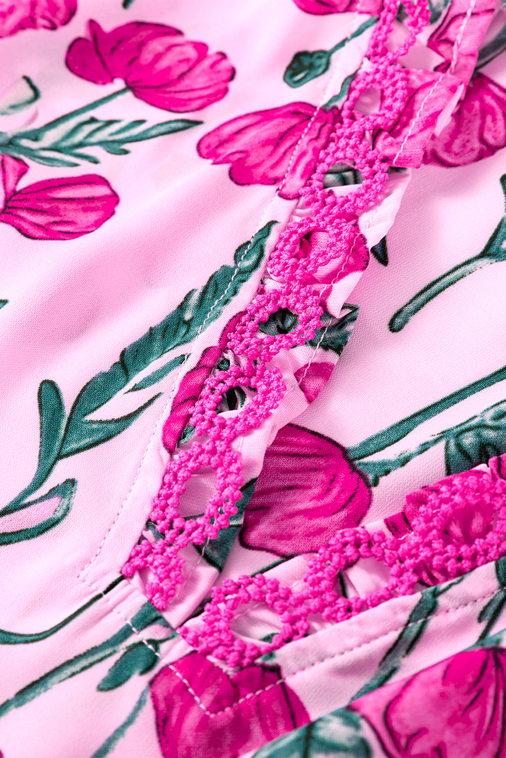 Pink Floral Print Lace Detail Frill V Neck Blouse