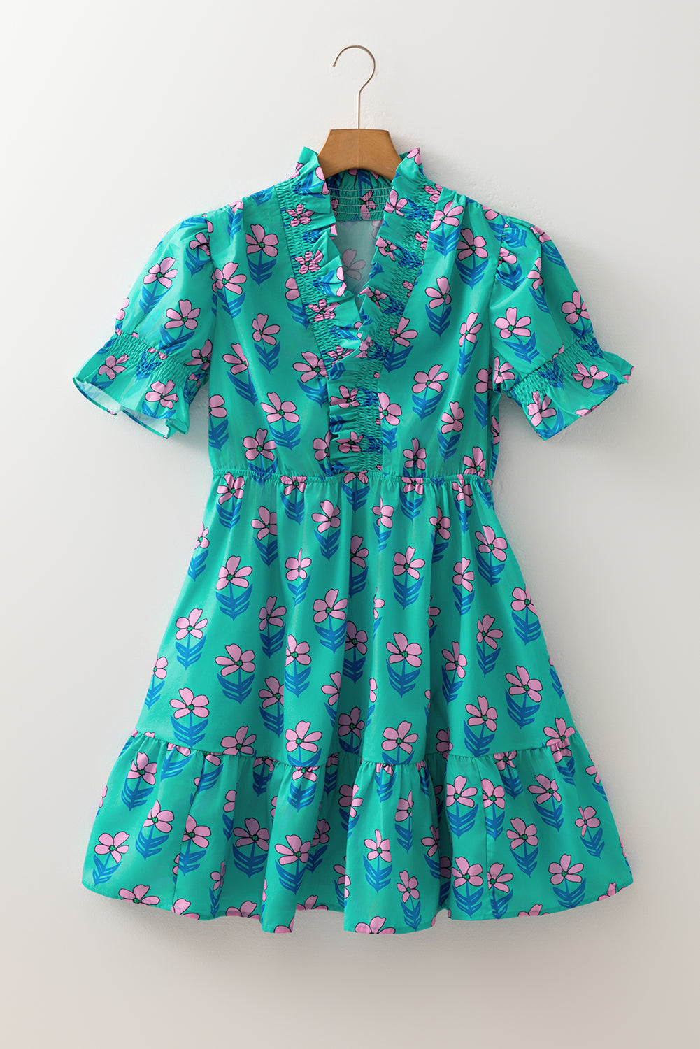 Green Floral Print Frilly Smocked High Waist Mini Dress