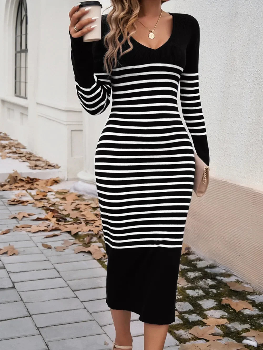 Devine Striped V-Neck Long Sleeve Sweater Dress - tif-shop24.de