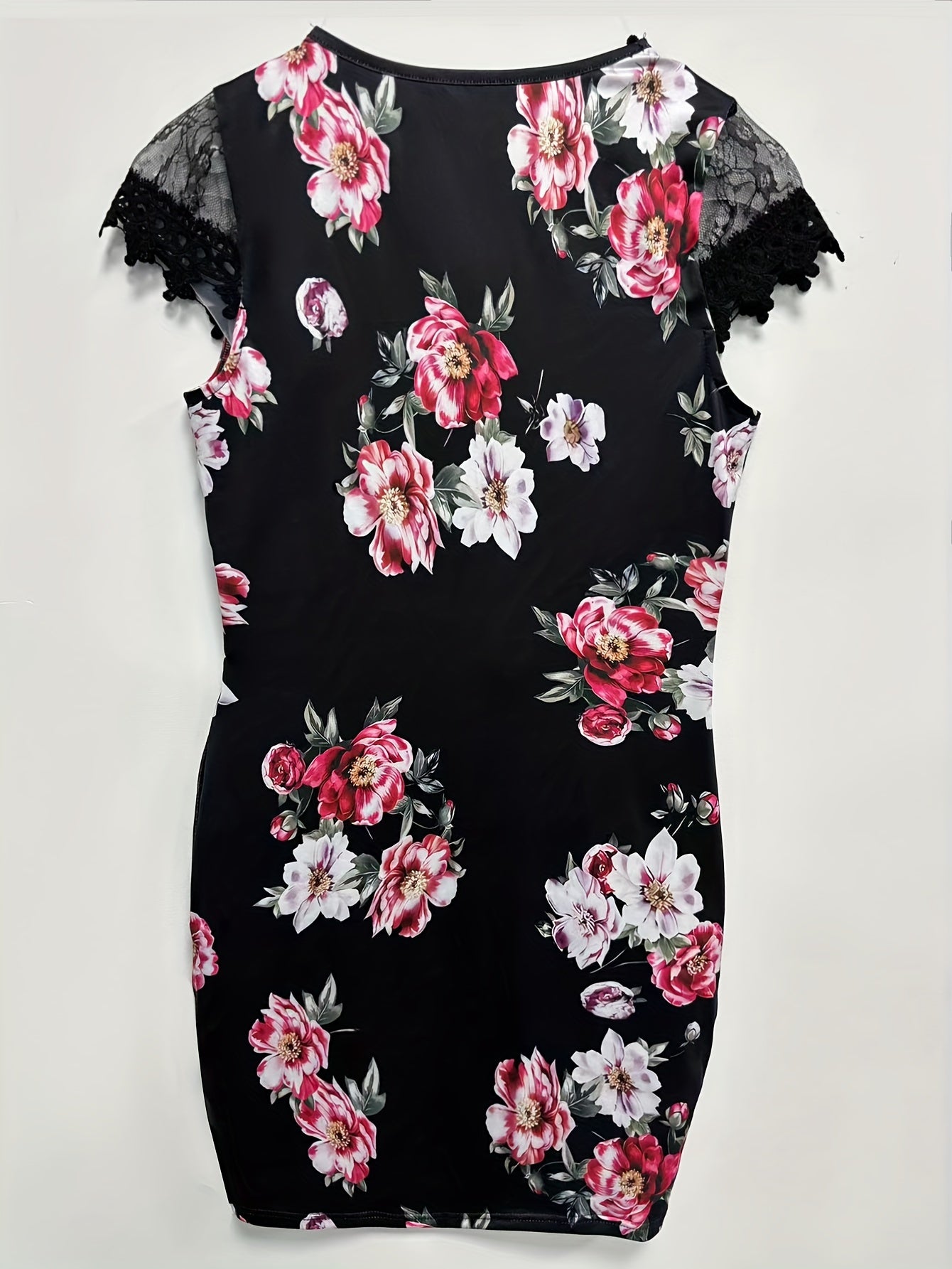 Floral Print Contrast Lace Dress, Kurzarm Elegant Bodycon Kleid