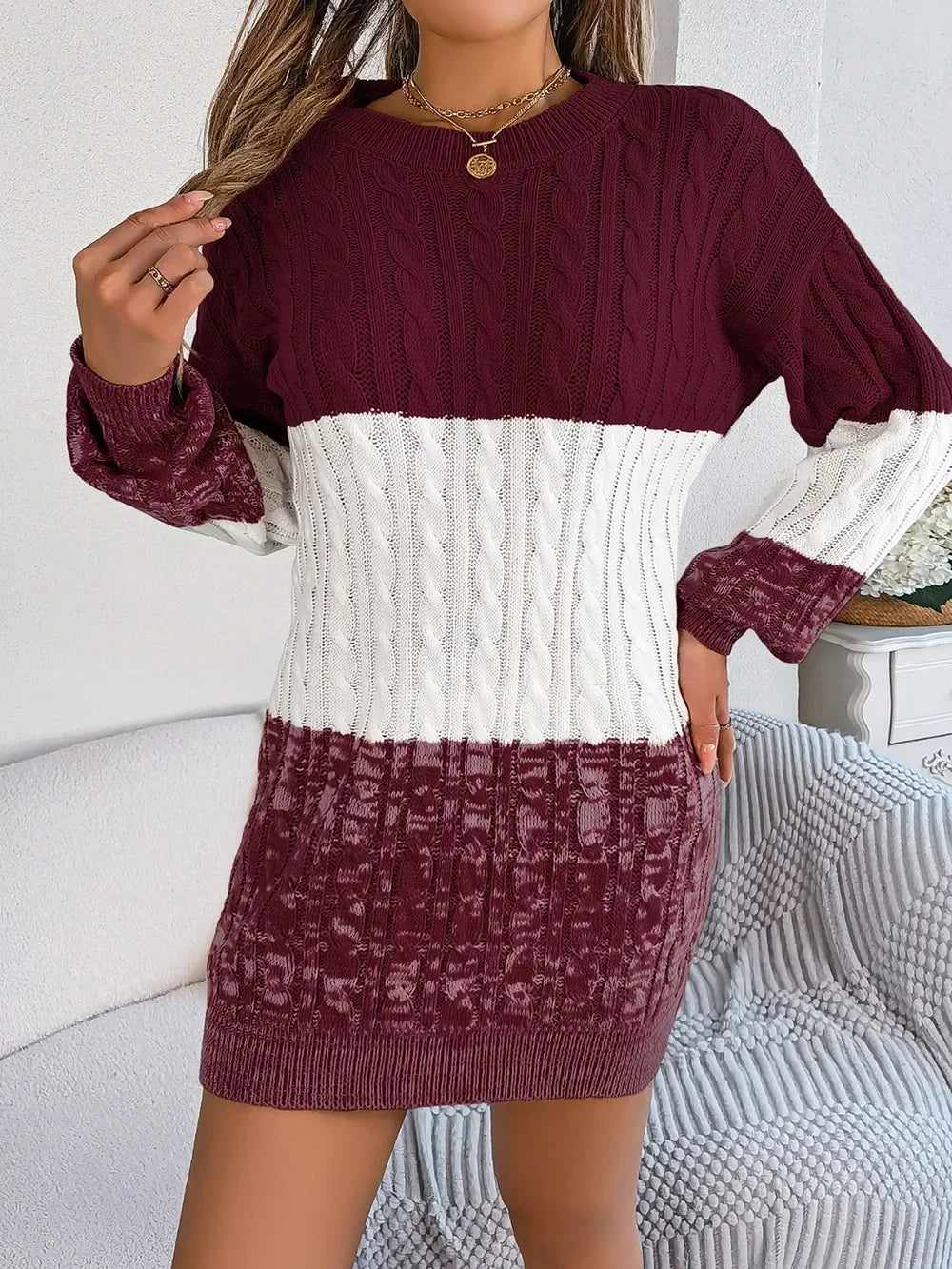 Cable-Knit Round Neck Color Block Sweater Dress - tif-shop24.de