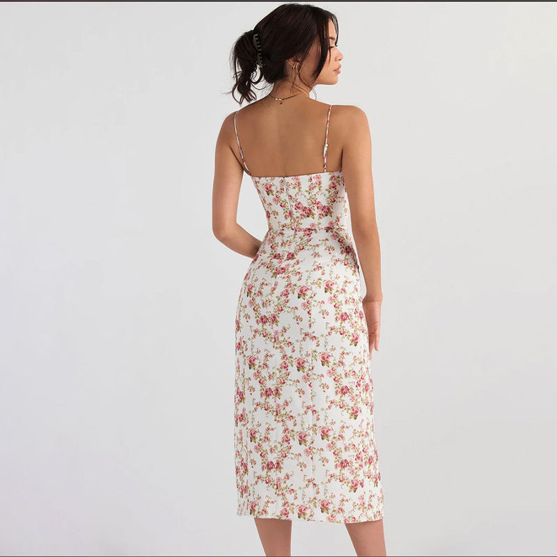 Sexy Fitted Strapless Split Lace Trim Bodice Floral Print Dress