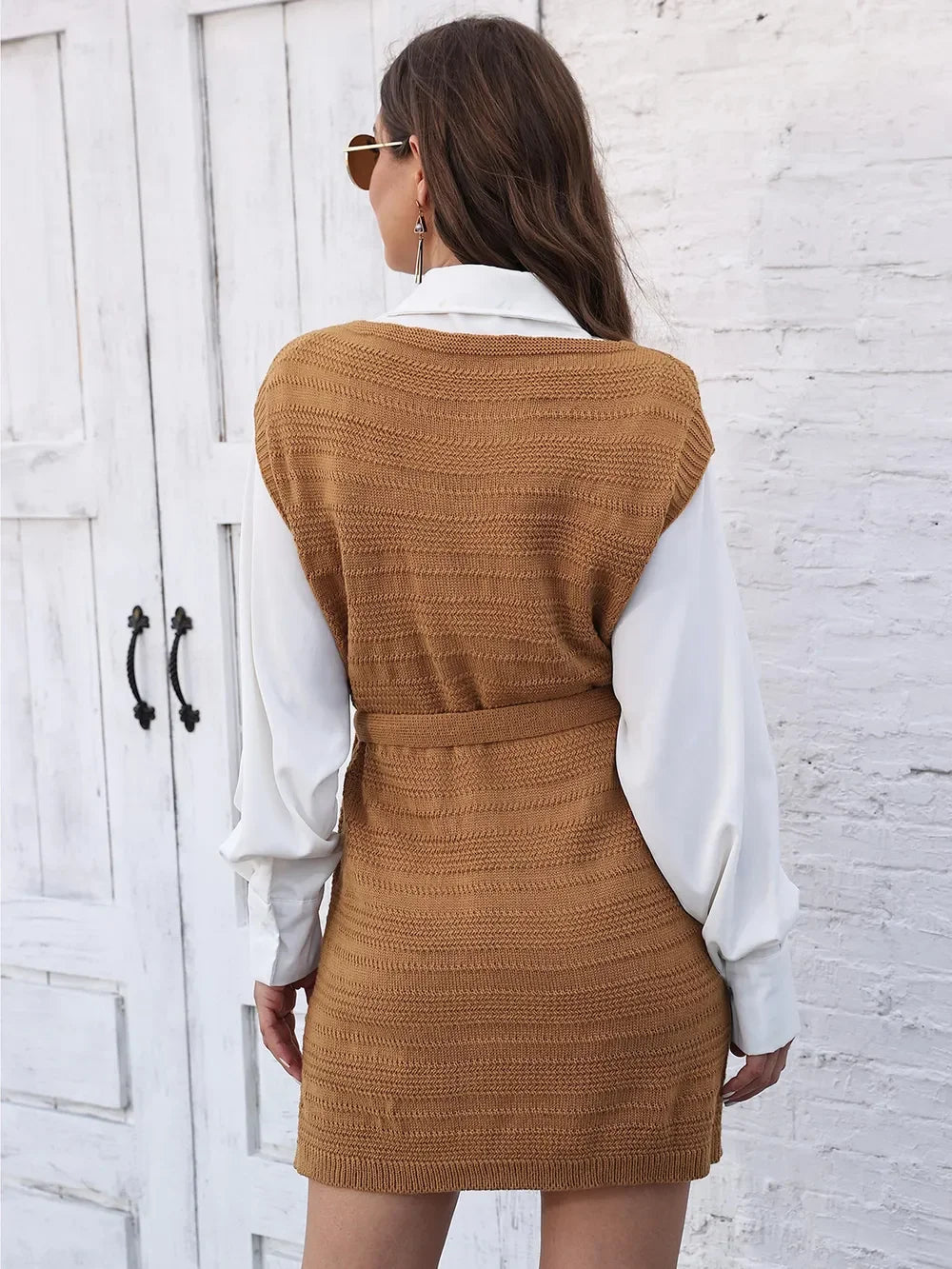 Tie Front V-Neck Sleeveless Slit Sweater Dress - tif-shop24.de