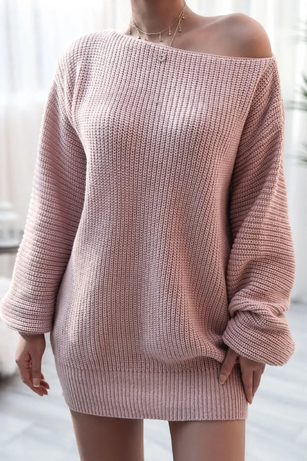 Boat Neck Long Sleeve Mini Sweater Dress - tif-shop24.de