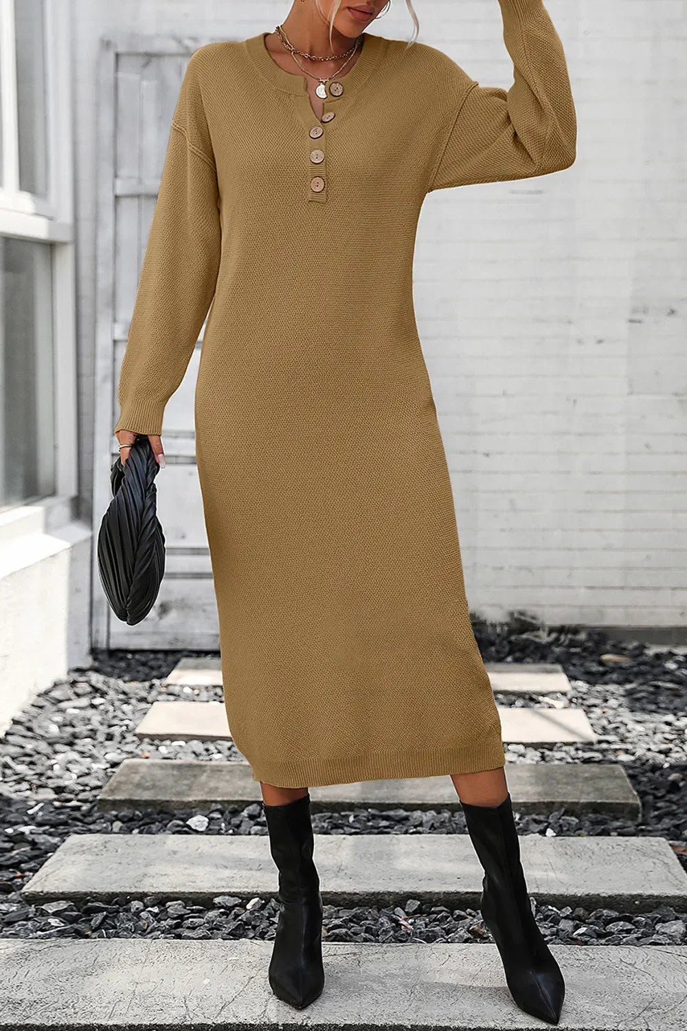 Decorative Button Notched Dropped Shoulder Sweater Dress - tif-shop24.de