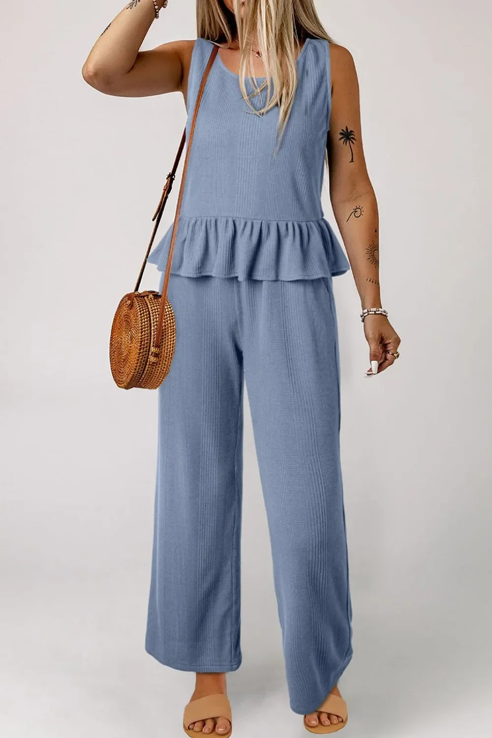 Color Ribbed Ruffle Tank Top and Pants Set - tif-shop24.de