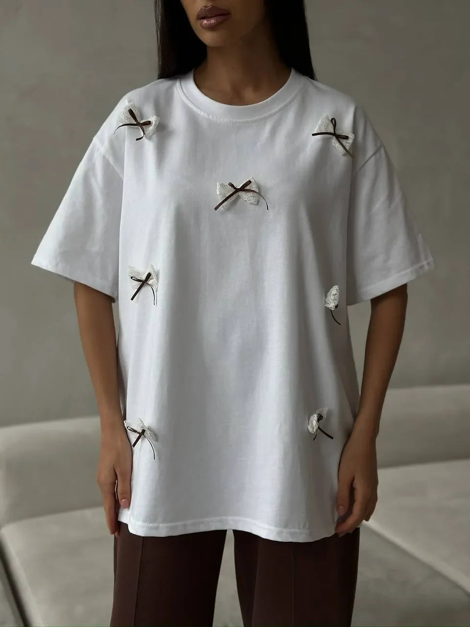 Bow Round Neck Oversized T-Shirt - tif-shop24.de