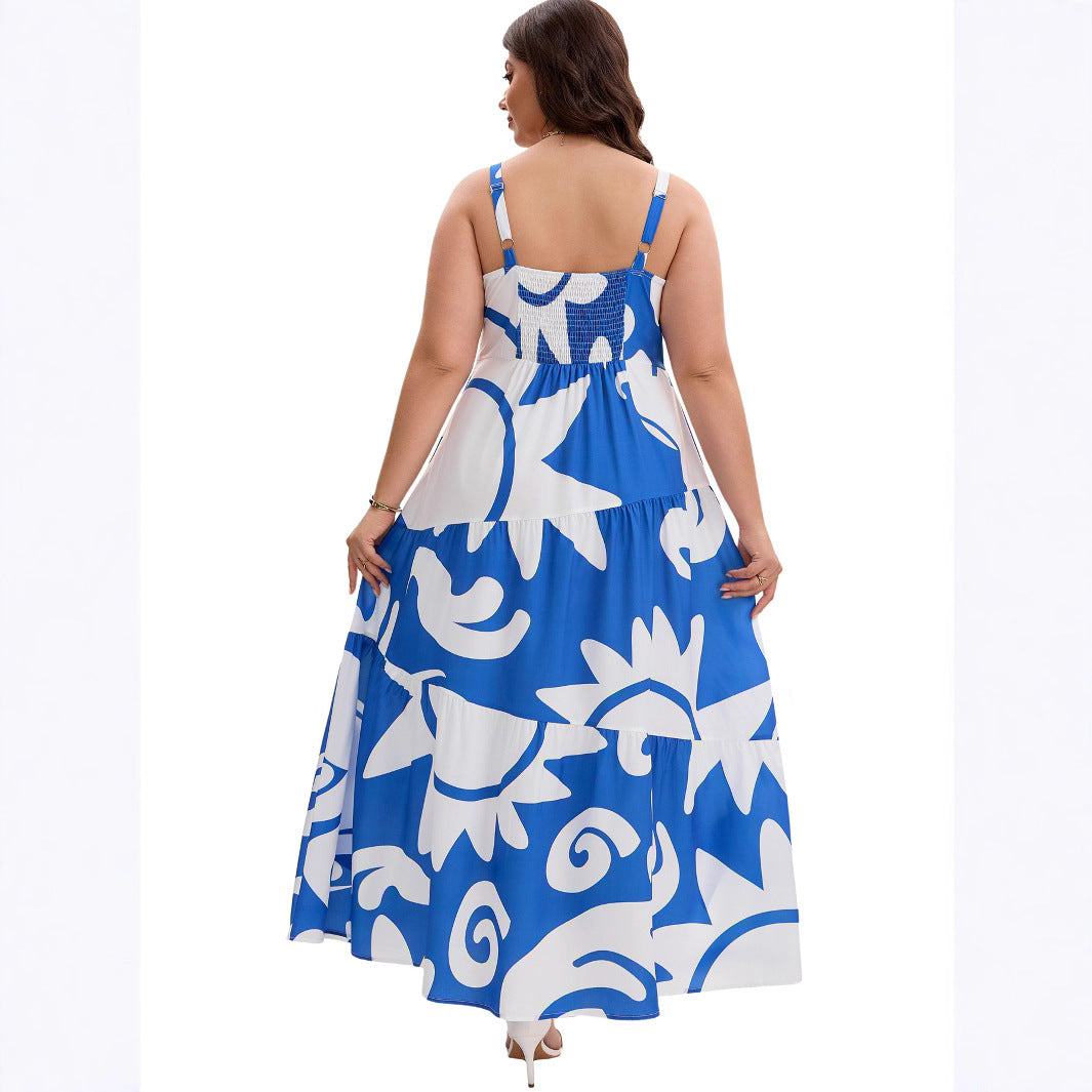 Geometric Print Layered Maxi Strap Dress for Women - Casual Vacation Style, Loose Fit, Oversized Design