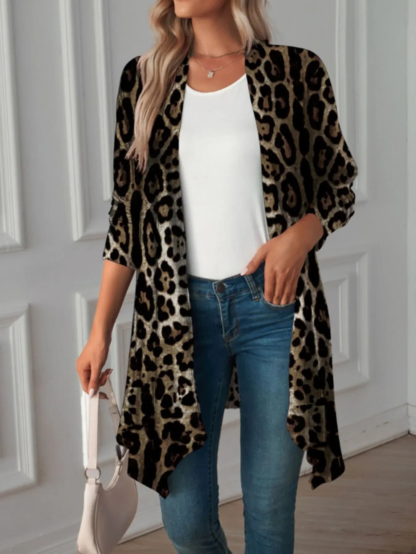 Leopard Print Long Open Front Cardigan - tif-shop24.de