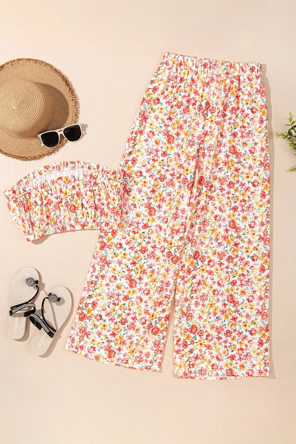 Boho Floral Bandeau Top and High Waist Wide Leg Pants Set - tif-shop24.de