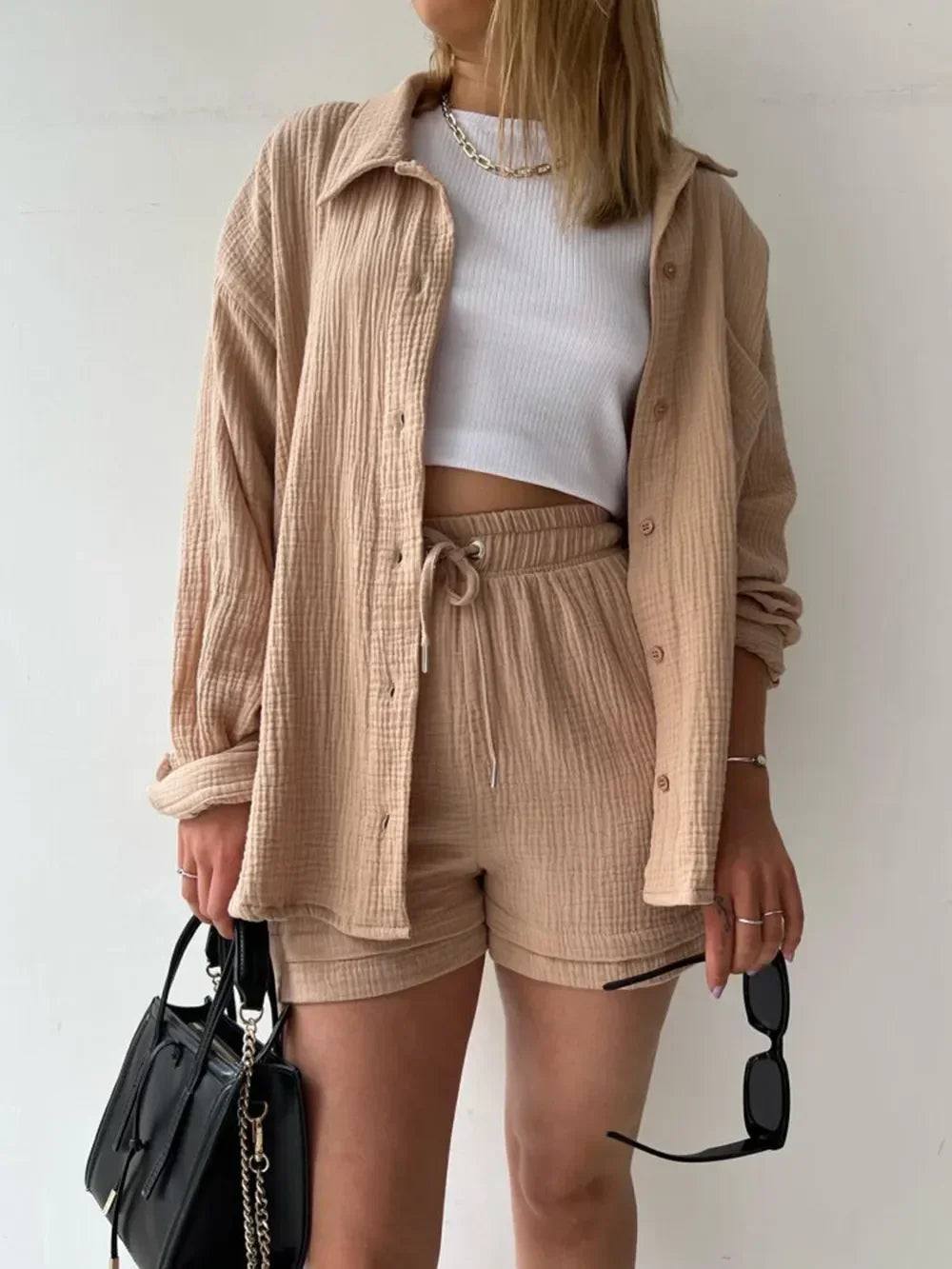 Texture Button Up Shirt and Drawstring Shorts Set - tif-shop24.de