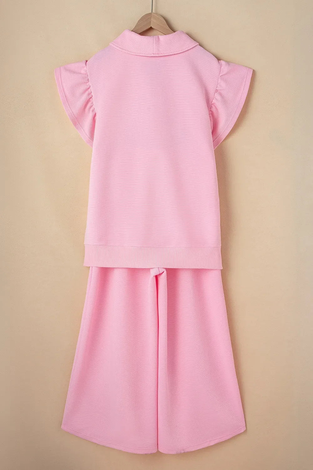 Textured Ruffled Sleeve Zipped Top and Wide Leg Pants Set - tif-shop24.de