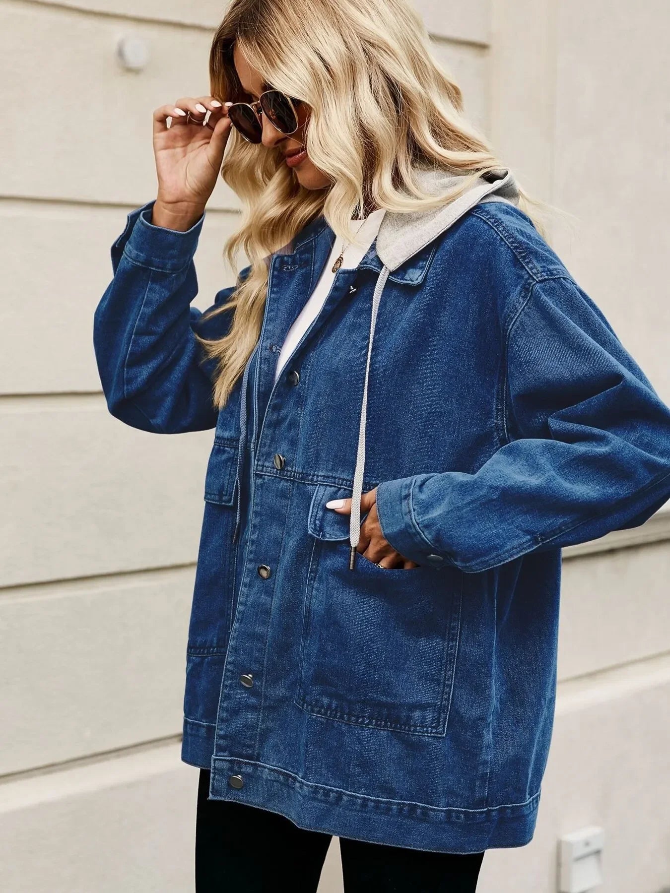 Oversized Button Up Denim Jacket with Hood - tif-shop24.de