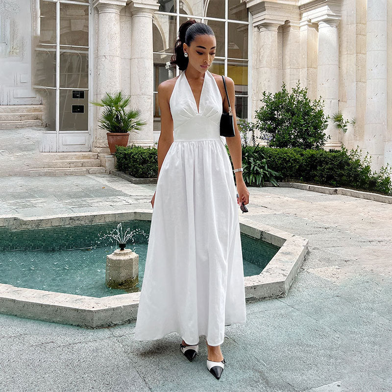 Chic Deep V-Neck Bodice Tie-Back Backless Long Dress for Women