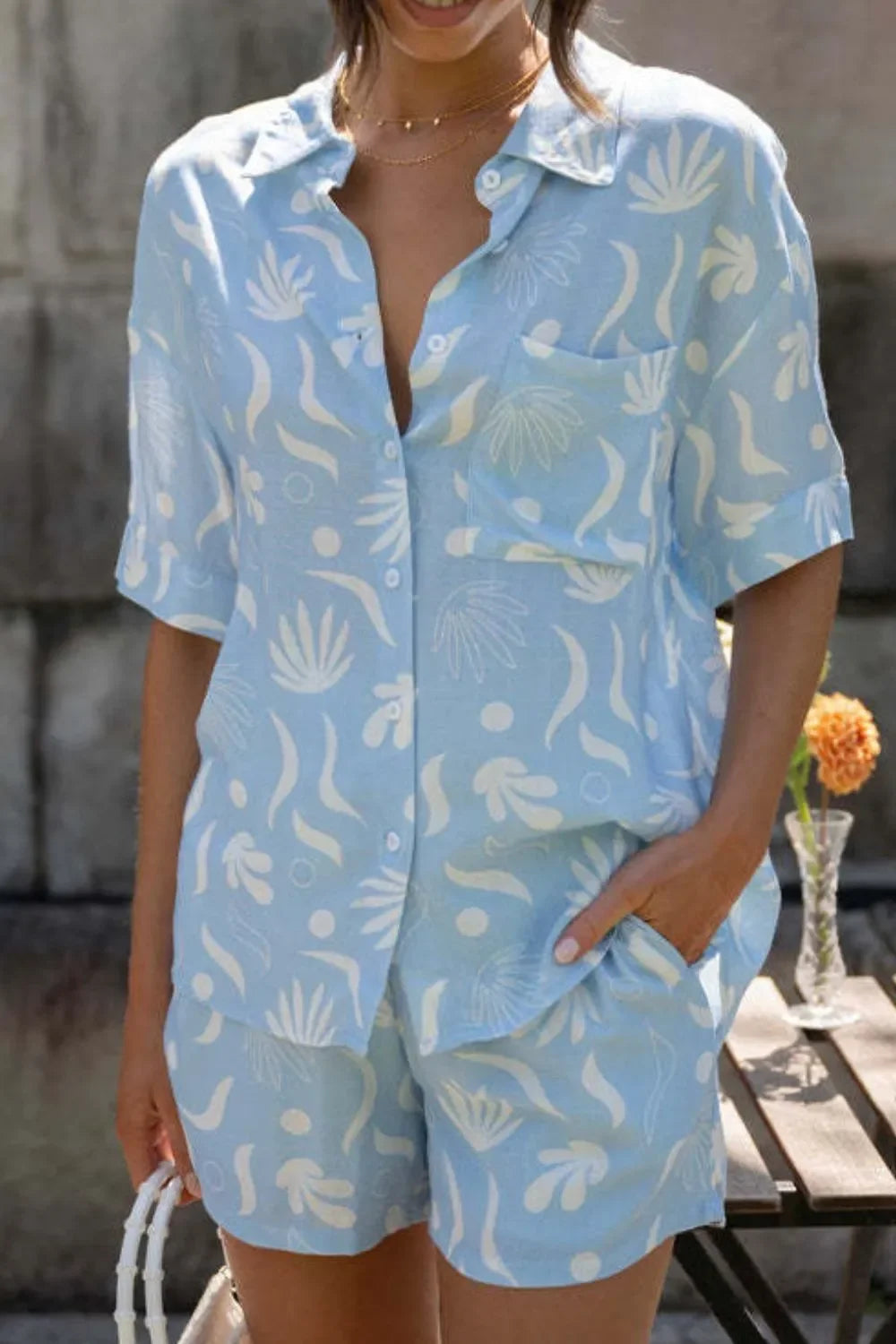 Printed Collared Neck Top and Shorts Set - tif-shop24.de