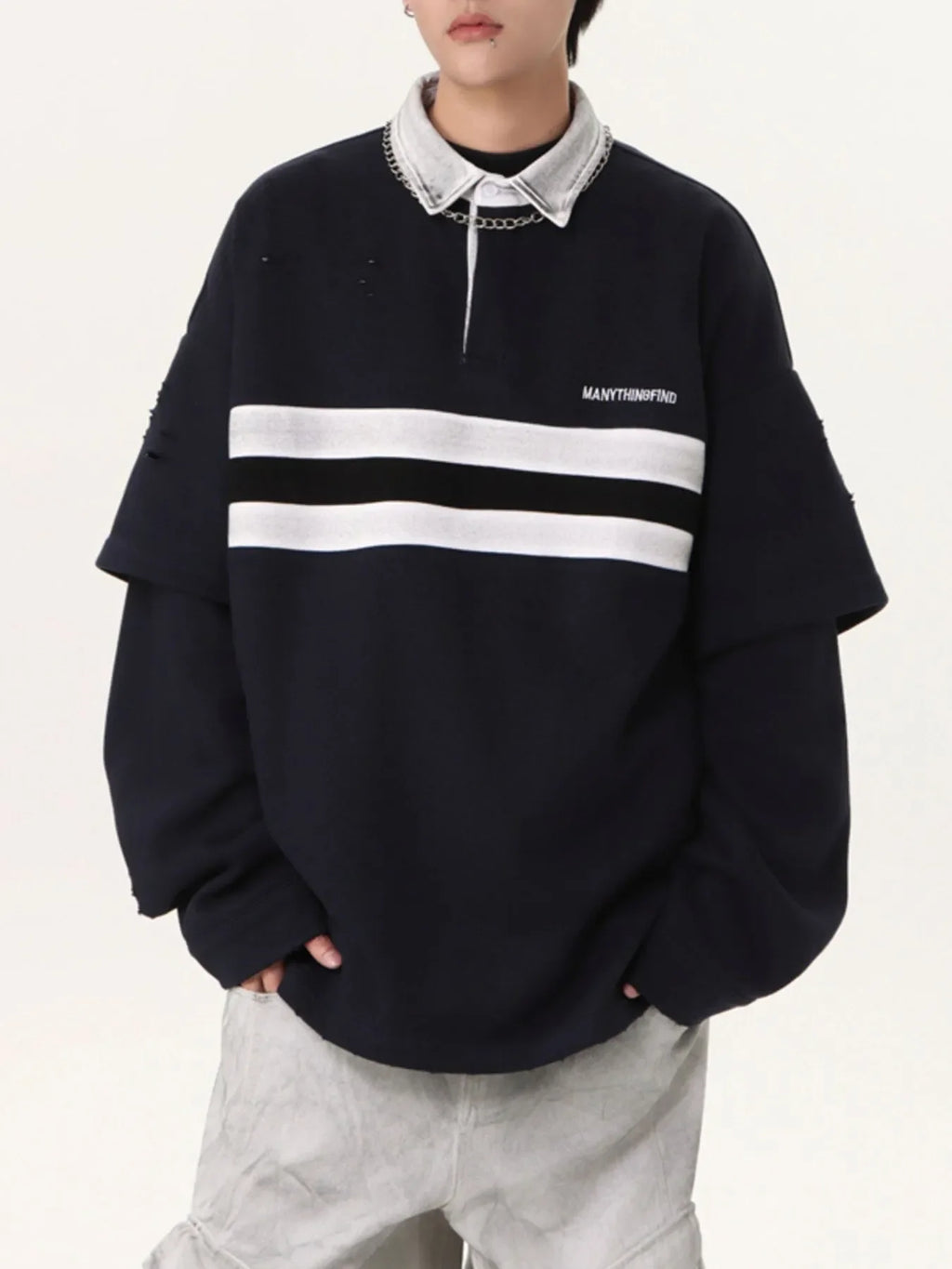 Men's Distressed Striped Long Sleeve Polo - tif-shop24.de