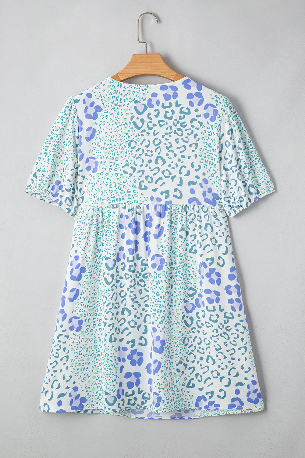 Sky Blue Leopard Bow Front Puff Sleeve Mini Dress