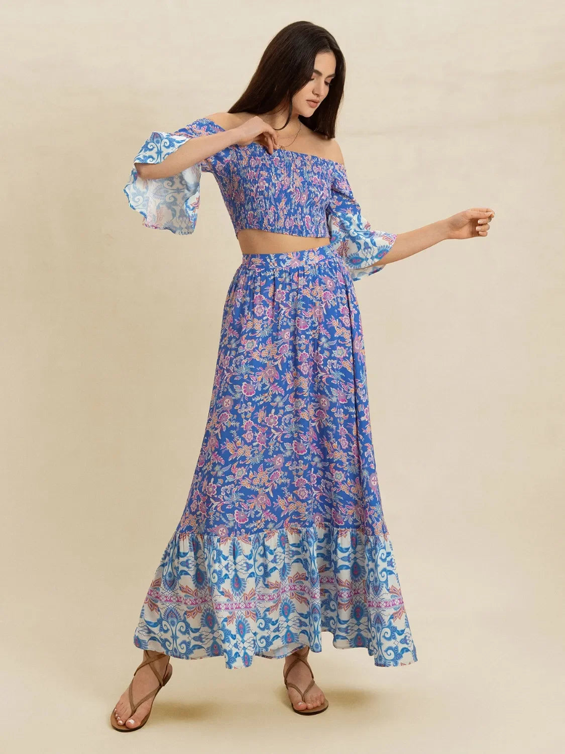 Smocked Off-Shoulder Printed Top and Skirt Set - tif-shop24.de