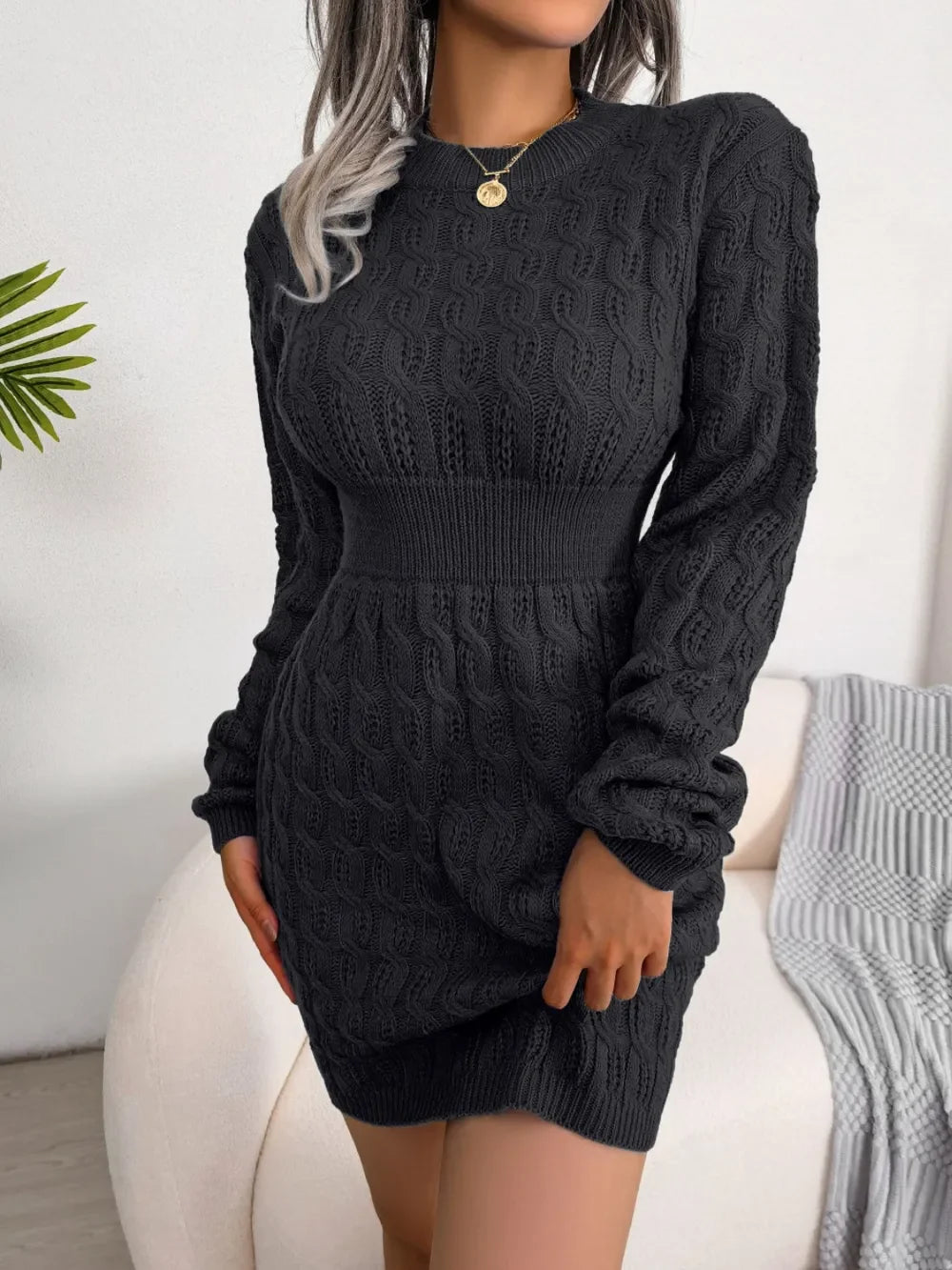 Cable-Knit Round Neck Mini Wrap Sweater Dress - tif-shop24.de