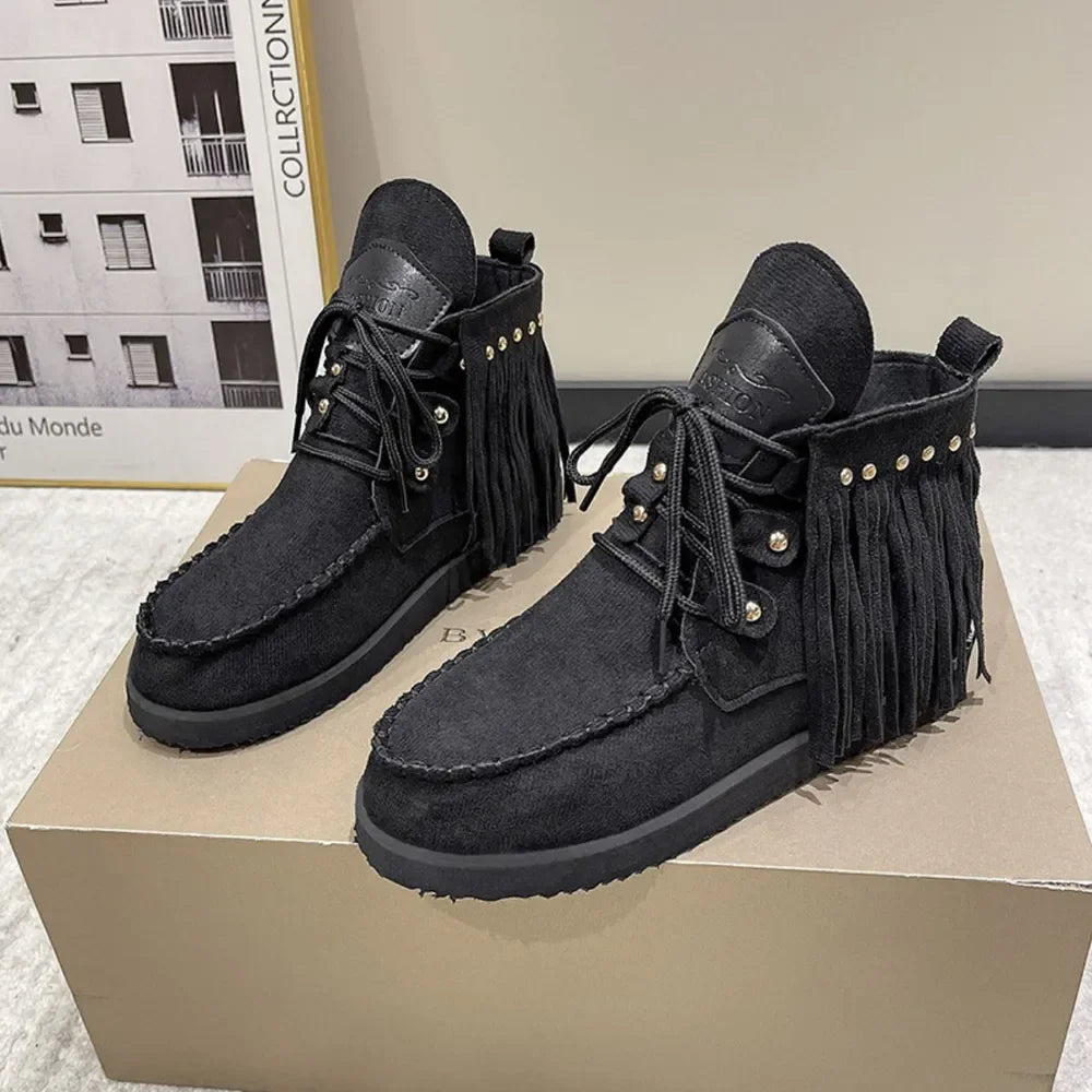 Fringe Studded Round Toe Canvas Boots - tif-shop24.de