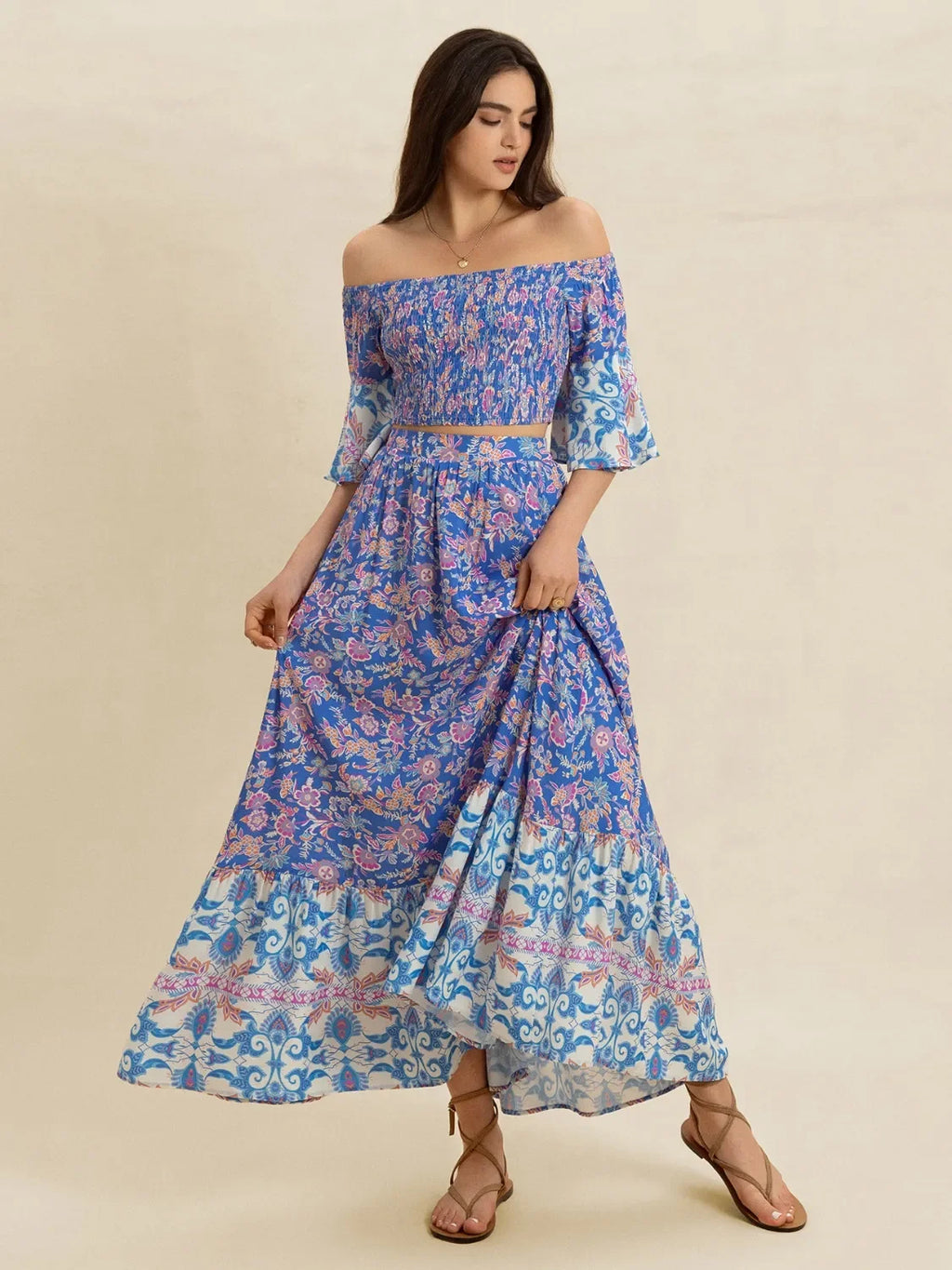 Smocked Off-Shoulder Printed Top and Skirt Set - tif-shop24.de
