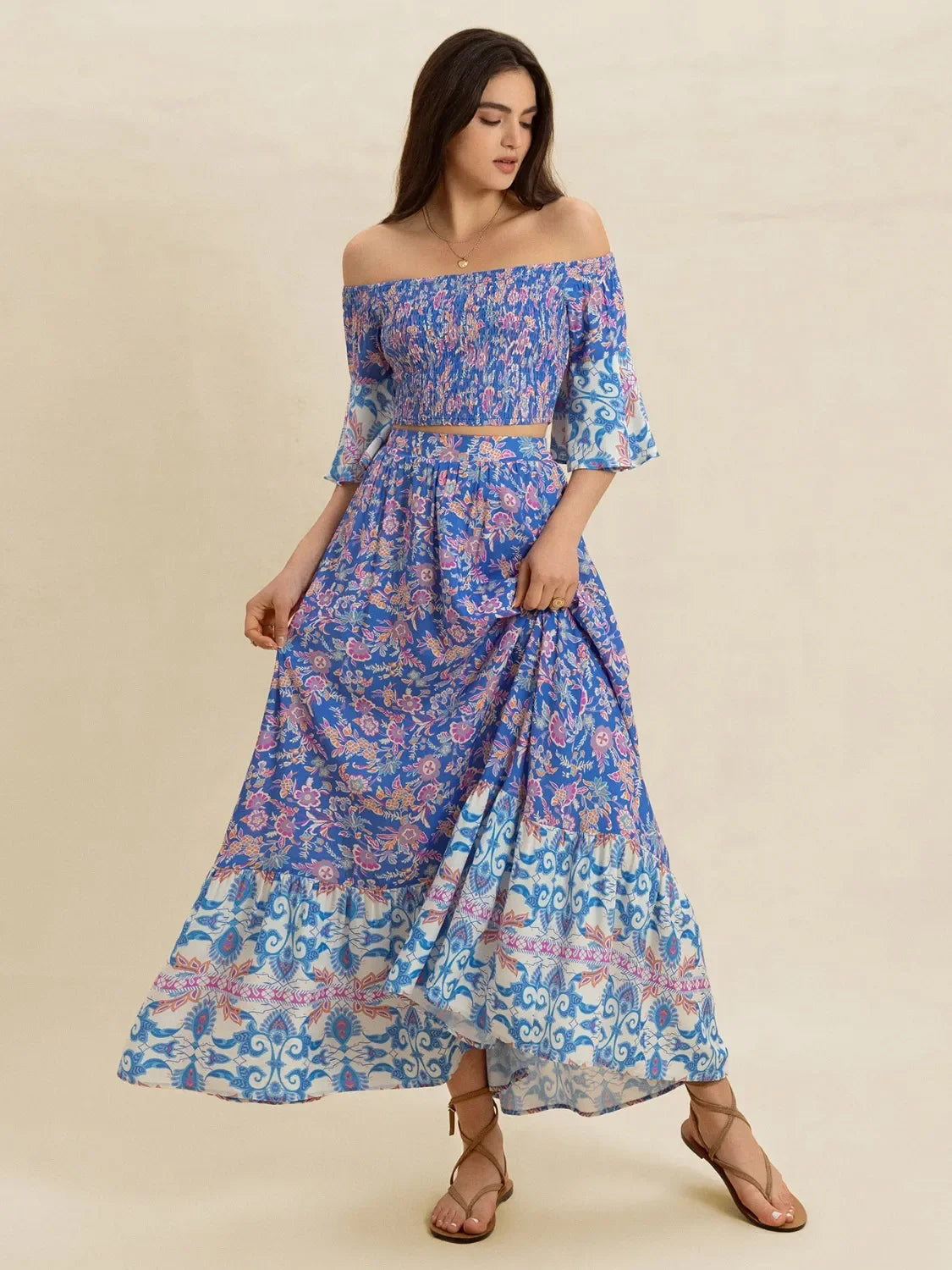 Smocked Off-Shoulder Printed Top and Skirt Set - tif-shop24.de