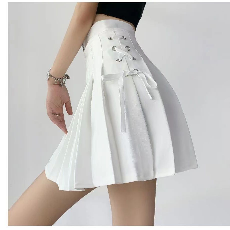 Campus Style Tie Waist Pleated Skirt, High Waist Slim Fit, Pure Color A-Line Mini Skirt, Casual Summer Sporty Look