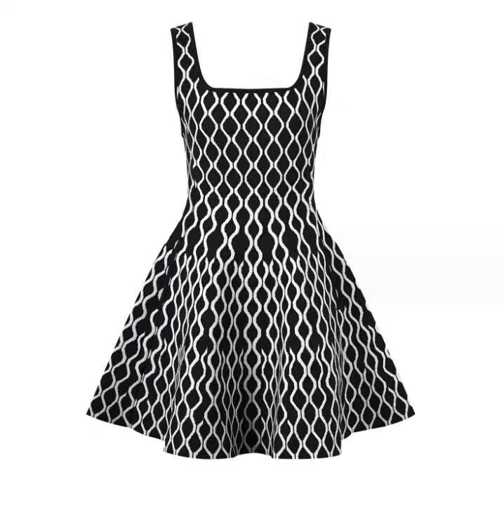 Water Ripple Pattern Sleeveless Strap Neckline A-line Waist-cinching Dress