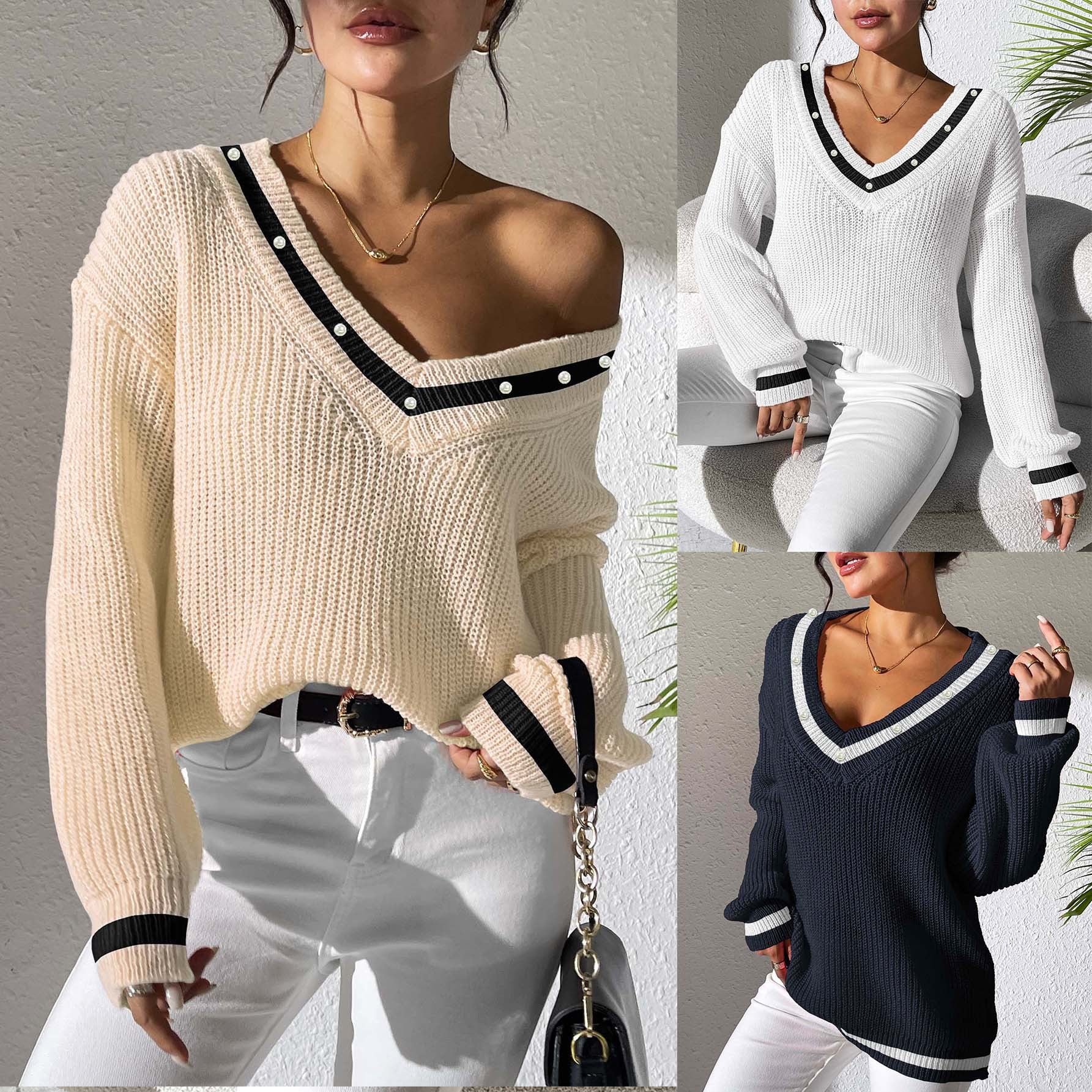 Women's Top Color-block Spliced V-neck Long Sleeve Knit Sweater Beaded Casual Layering Shirt