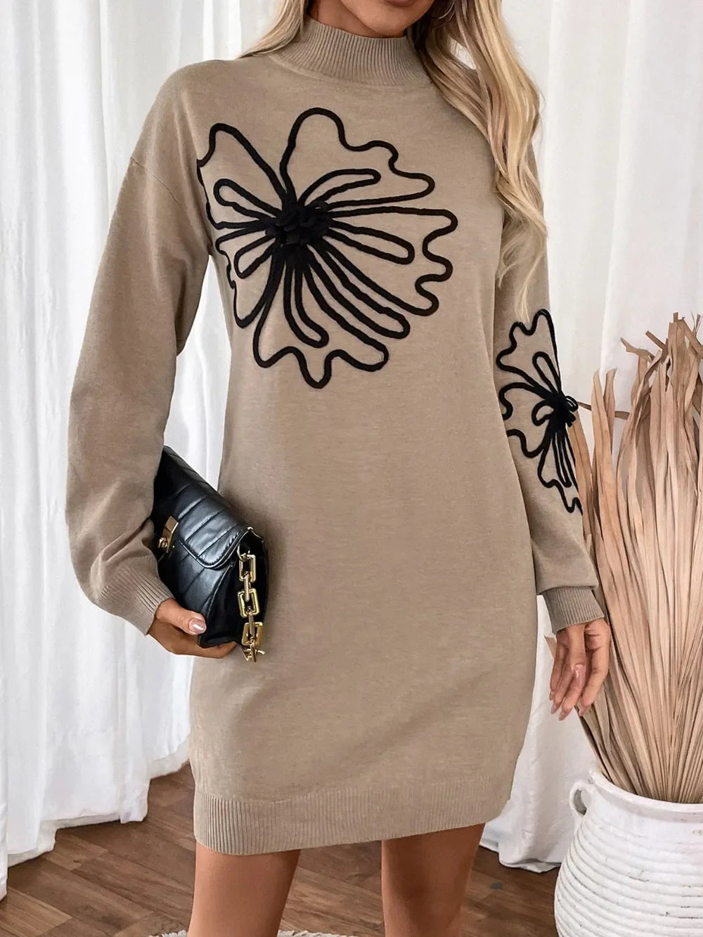 Perfee Flower Mock Neck Long Sleeve Sweater Dress - tif-shop24.de