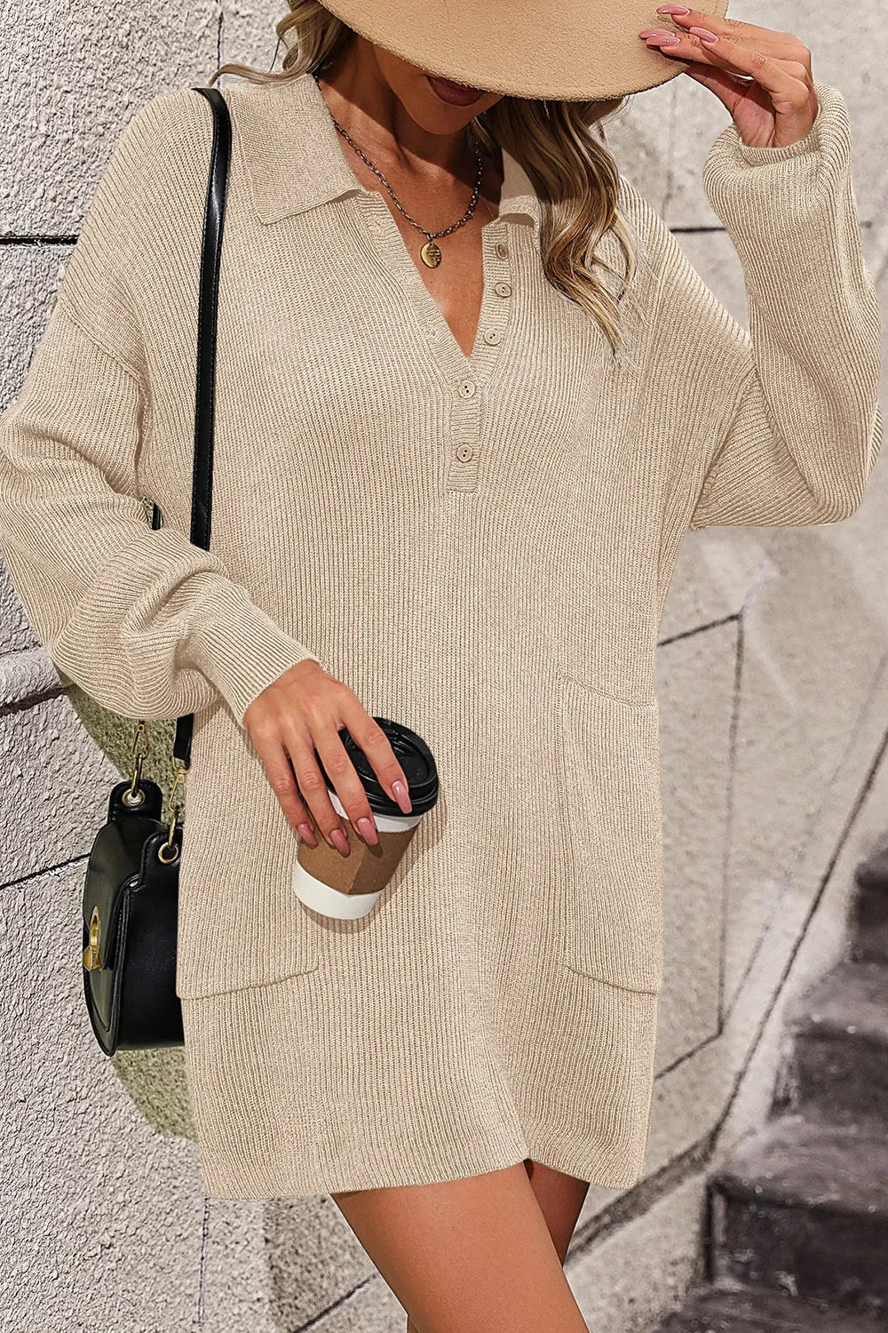 Collared Neck Long Sleeve Sweater Dress with Pockets - tif-shop24.de