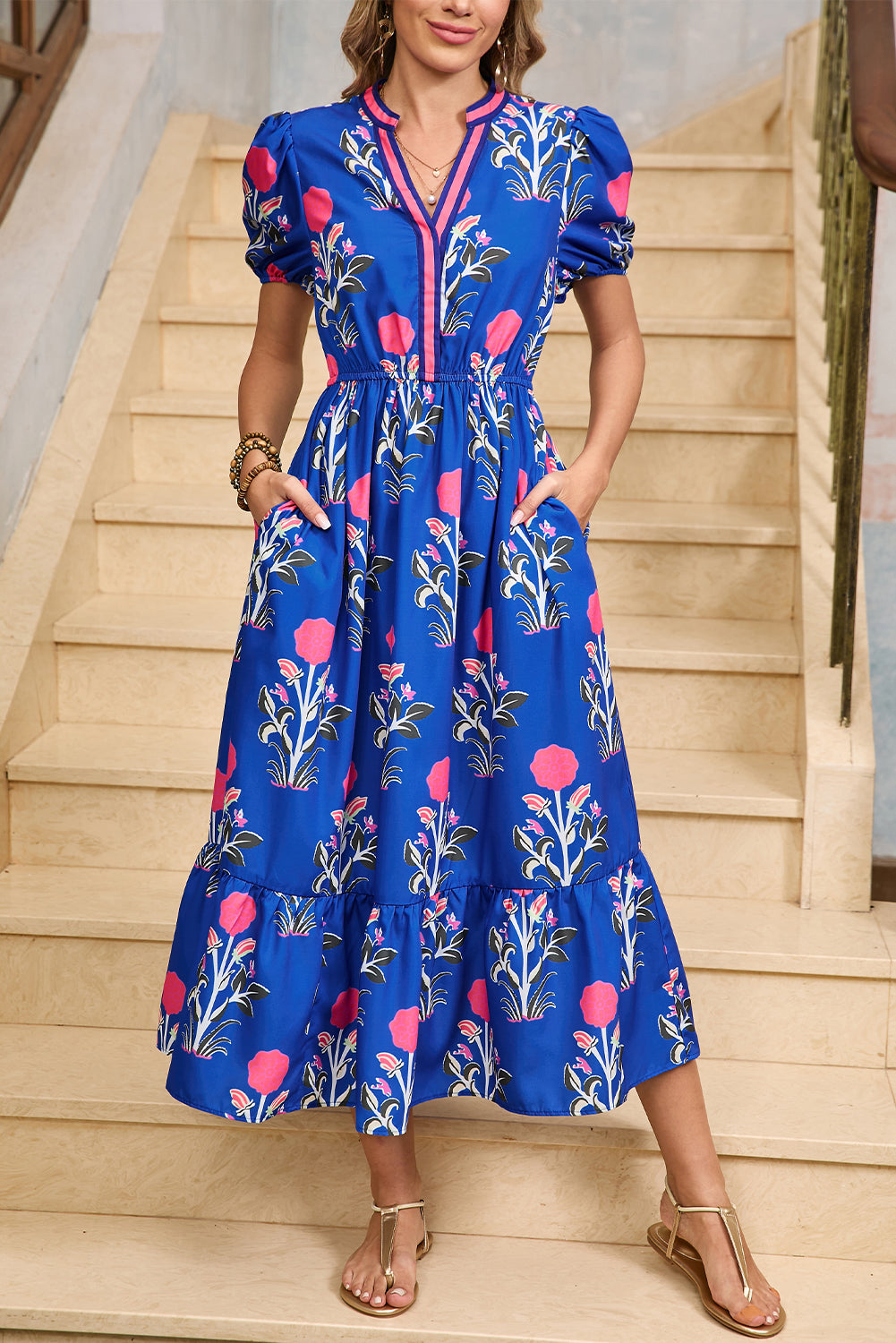 Sky Blue Floral Ruffle Hem Pop of Color Neckline Dress