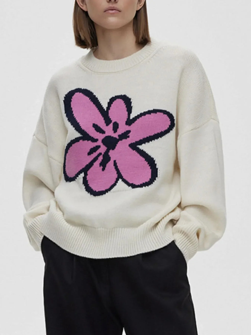 Flower Ribbed Hem Round Neck Sweater - tif-shop24.de
