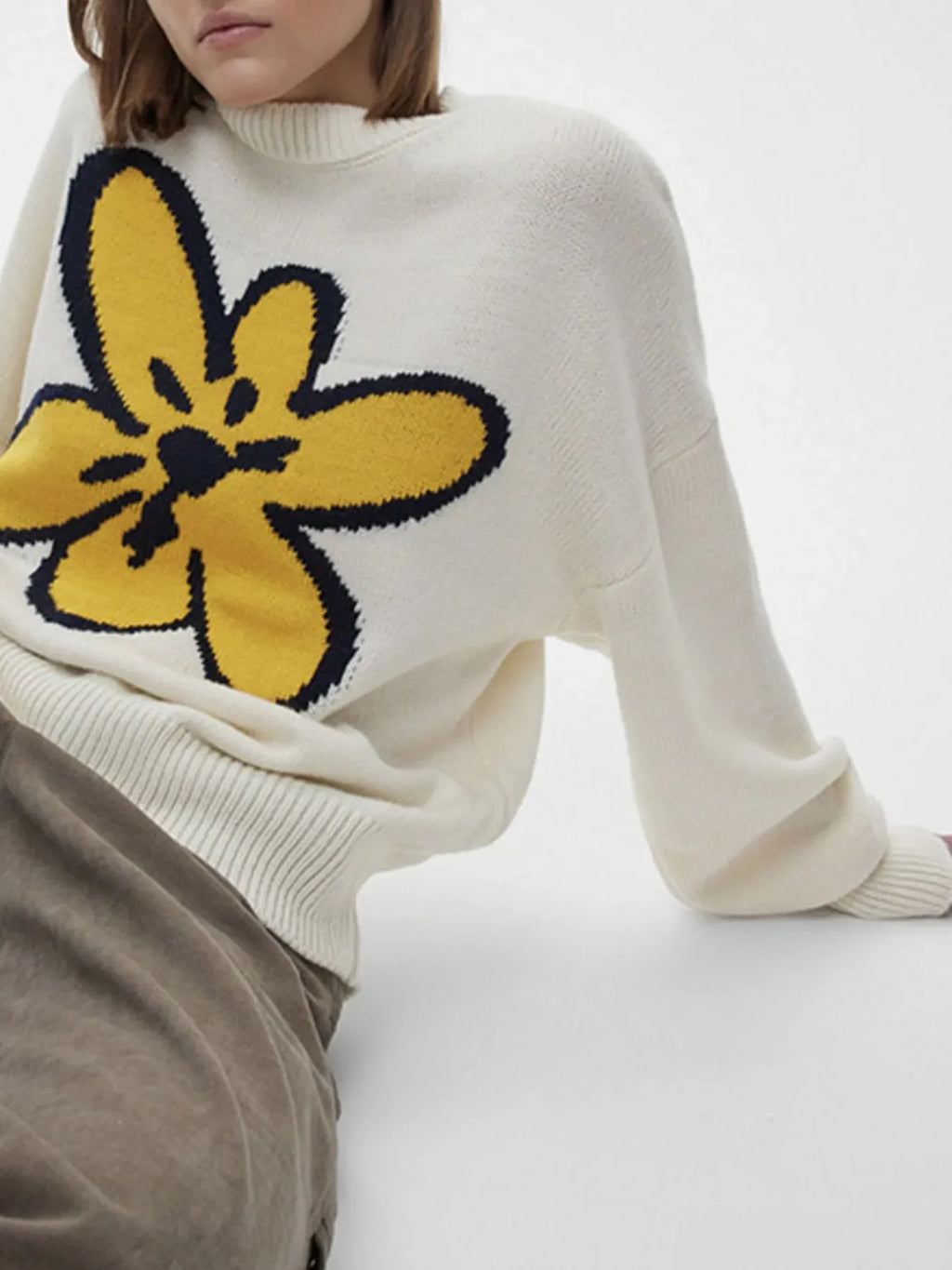 Flower Ribbed Hem Round Neck Sweater - tif-shop24.de