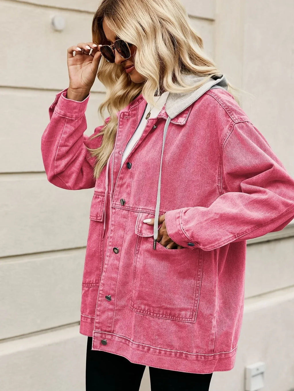 Oversized Button Up Denim Jacket with Hood - tif-shop24.de