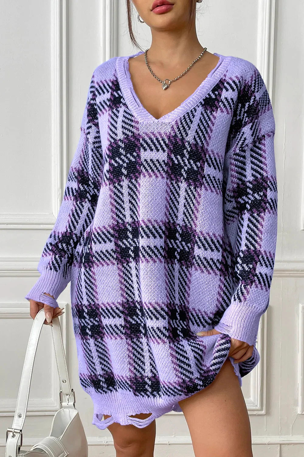 Plaid V-Neck Long Sleeve Sweater Dress - tif-shop24.de