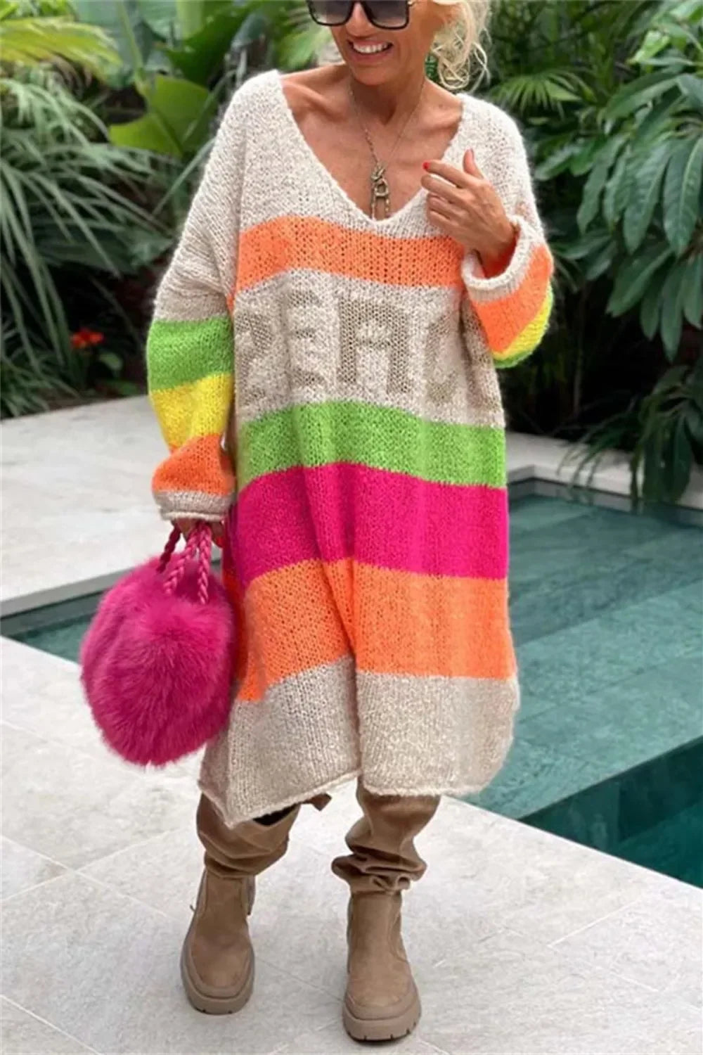 Color Block V-Neck Long Sleeve Sweater Dress - tif-shop24.de