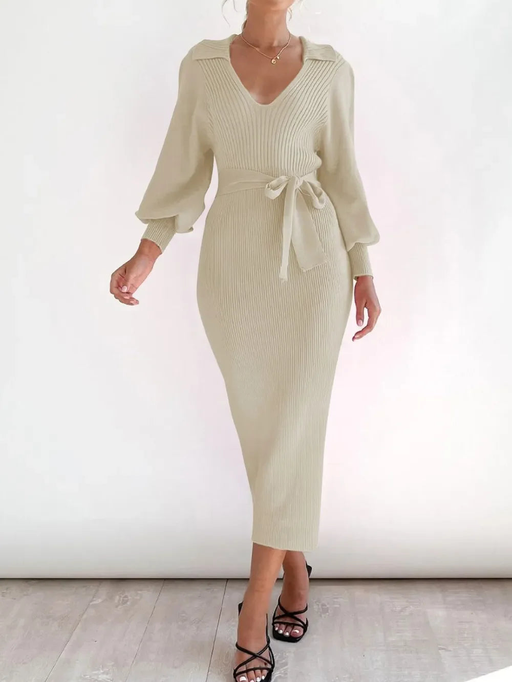 Perfee Tied Long Sleeve Wrap Sweater Dress - tif-shop24.de