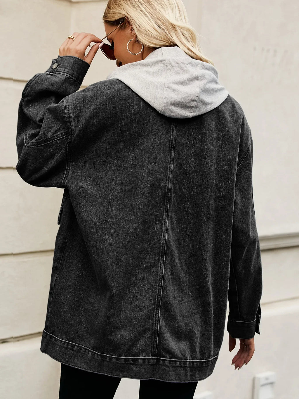 Oversized Button Up Denim Jacket with Hood - tif-shop24.de