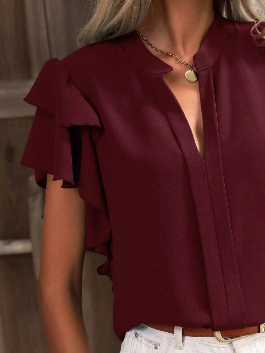 Ruffle Sleeve Notched Blouse - tif-shop24.de