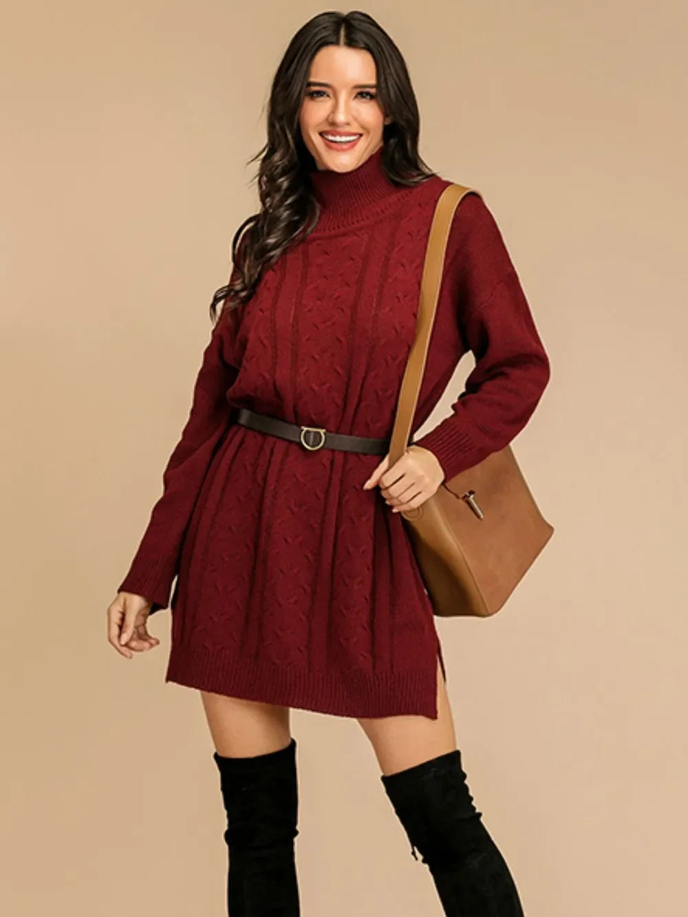 Perfee Slit Turtleneck Long Sleeve Mini Sweater Dress - tif-shop24.de