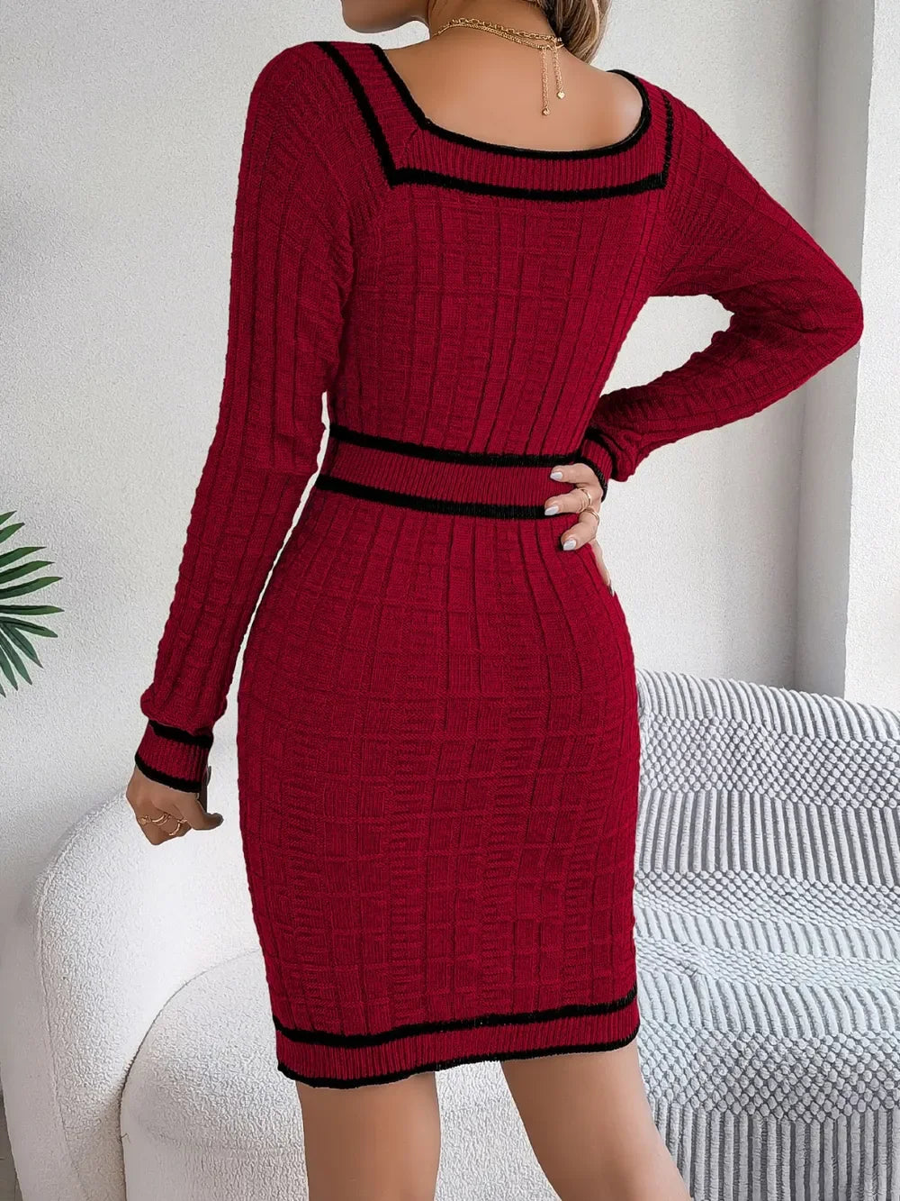 Contrast Trim Long Sleeve Sweater Dress - tif-shop24.de