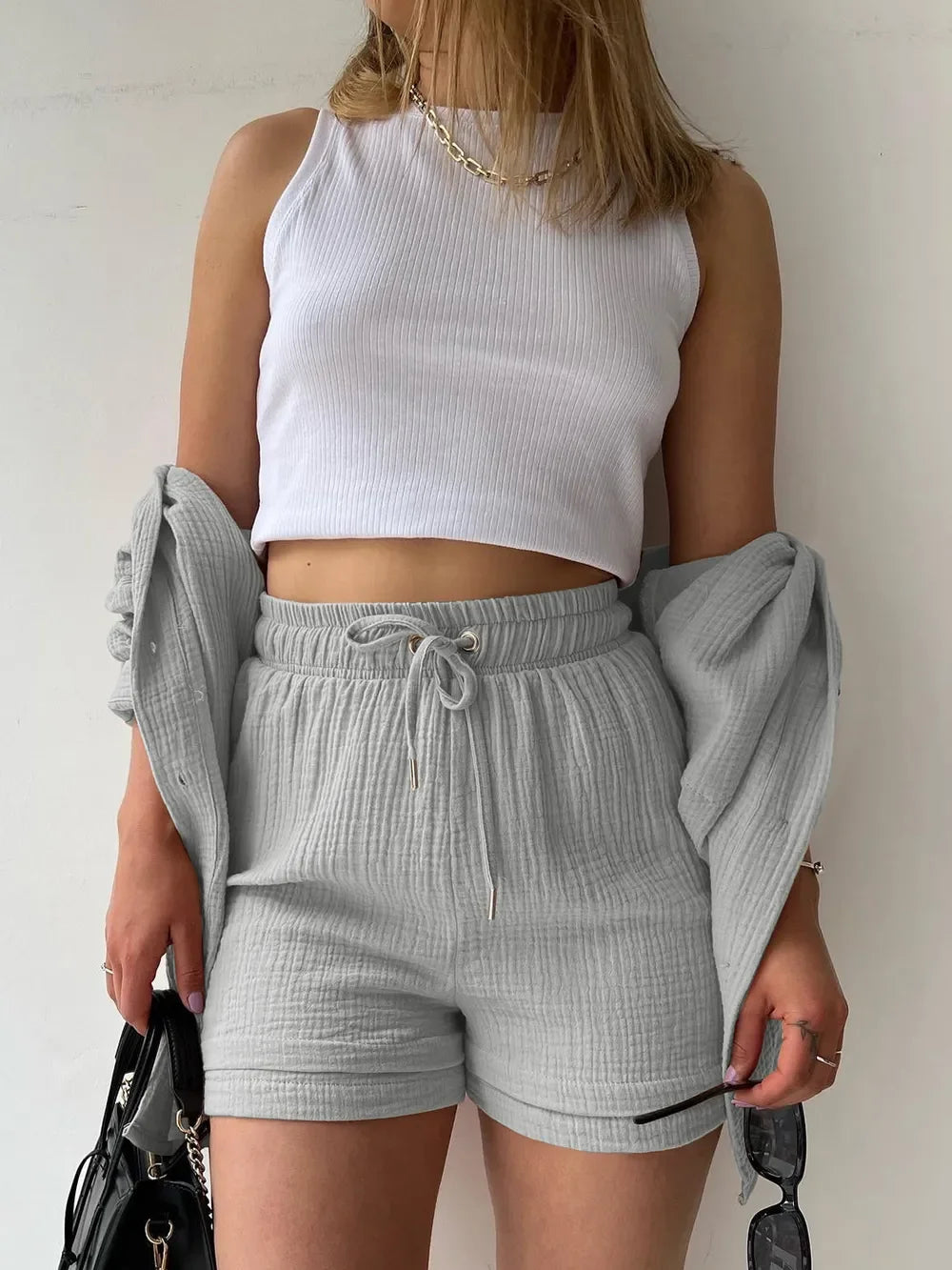 Texture Button Up Shirt and Drawstring Shorts Set - tif-shop24.de