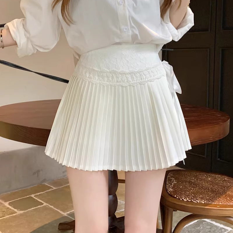 Lace Trim Skirt Women High Waist Pleated Skirt White Mini Skirt Ballet Style Pleated Skirt