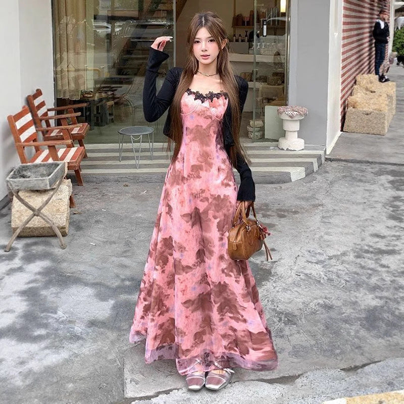 Romantic Lace Patchwork Tie-Dye Strap Dress Set for Women, Summer Lightweight Sun Protection Cardigan, Sweet and Spicy Fitted Long Dress