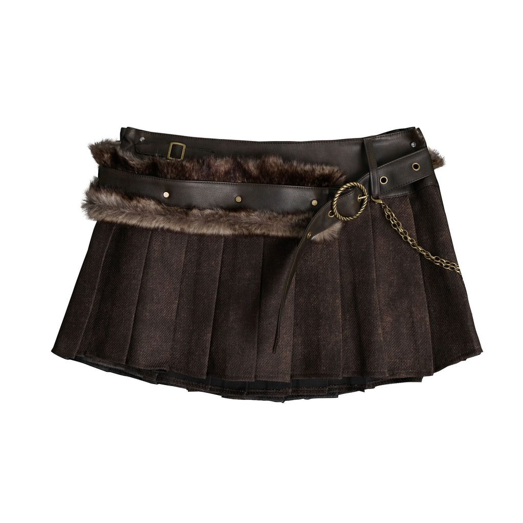 Splicing waist belt pleated mini skirt