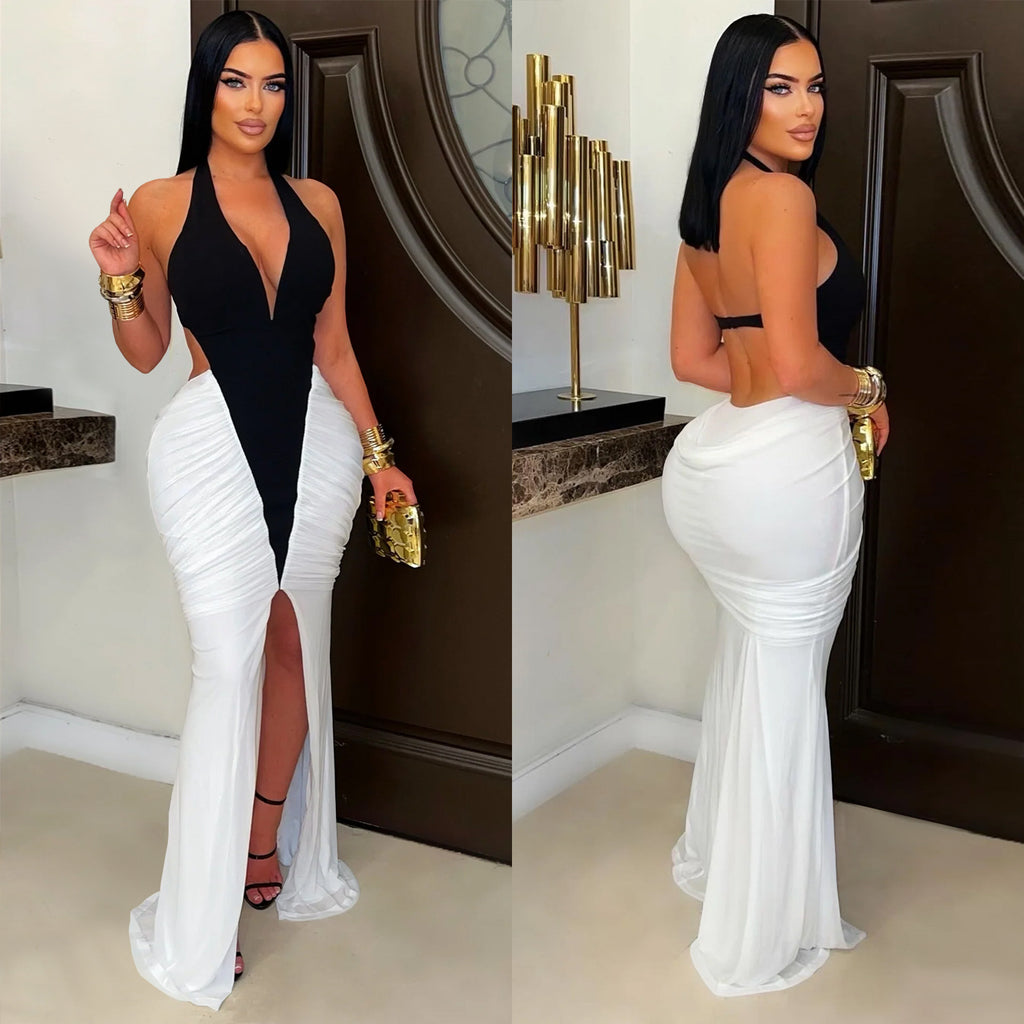 Fashionable Women's Sexy V-Neck Sleeveless Backless Split Dress