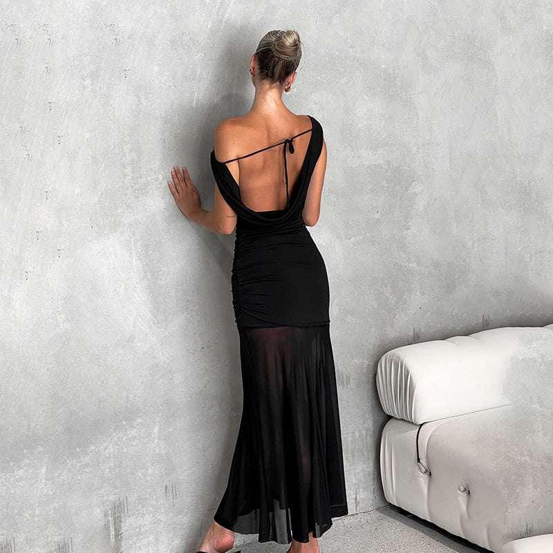 Pocket neck backless mesh dress - tif-shop24.de