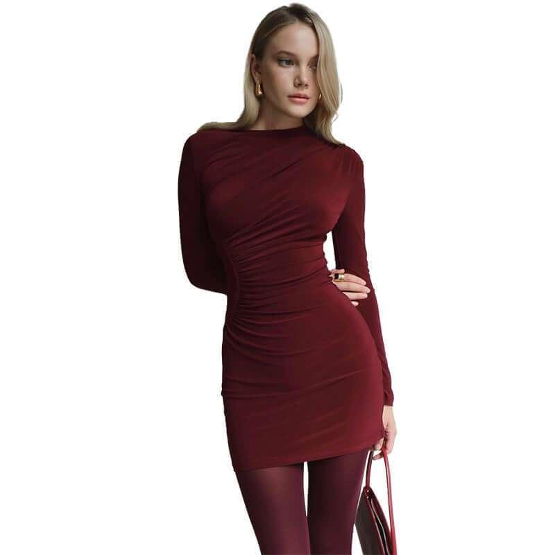 Casual waist cinching pleated slim fit dress for women - tif-shop24.de