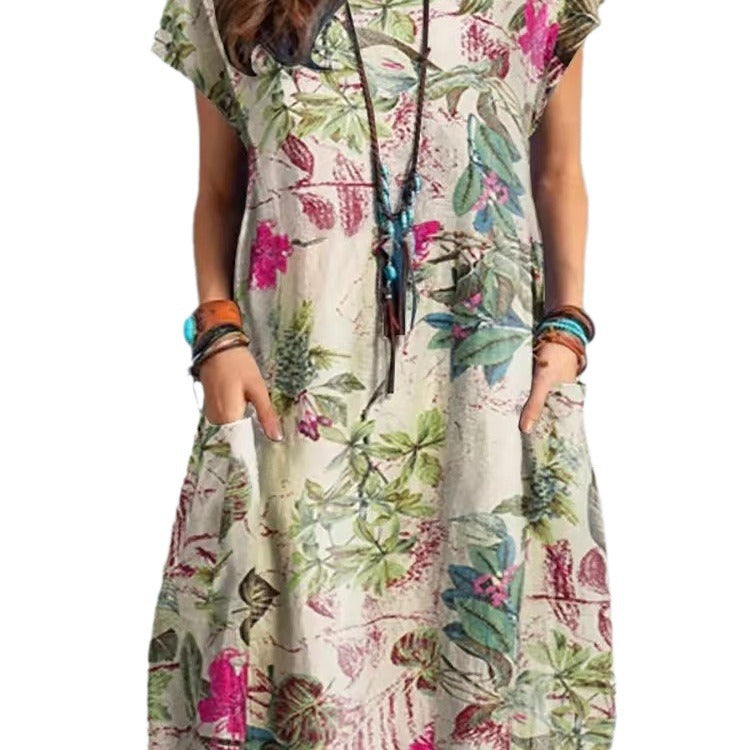 Style Printed Cap Sleeve Round Neck Patch Pocket A-line Dress